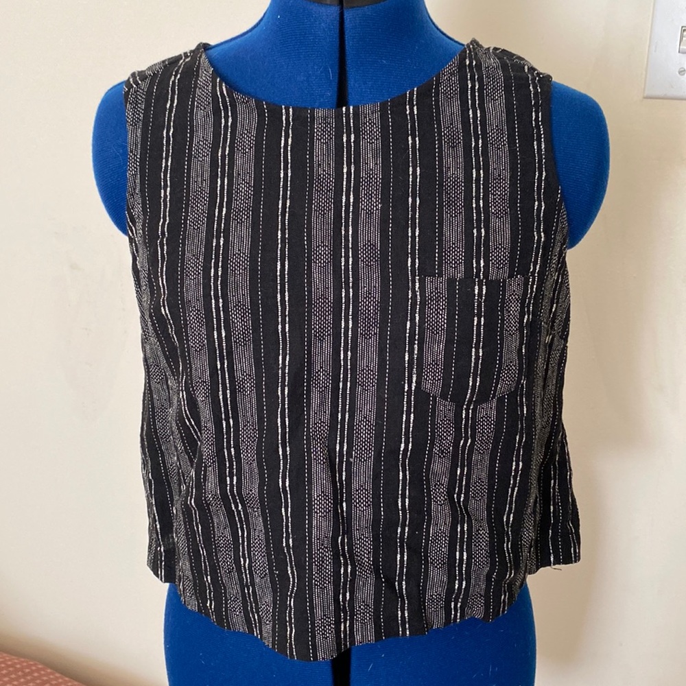 Black and beige striped cropped tank with button back